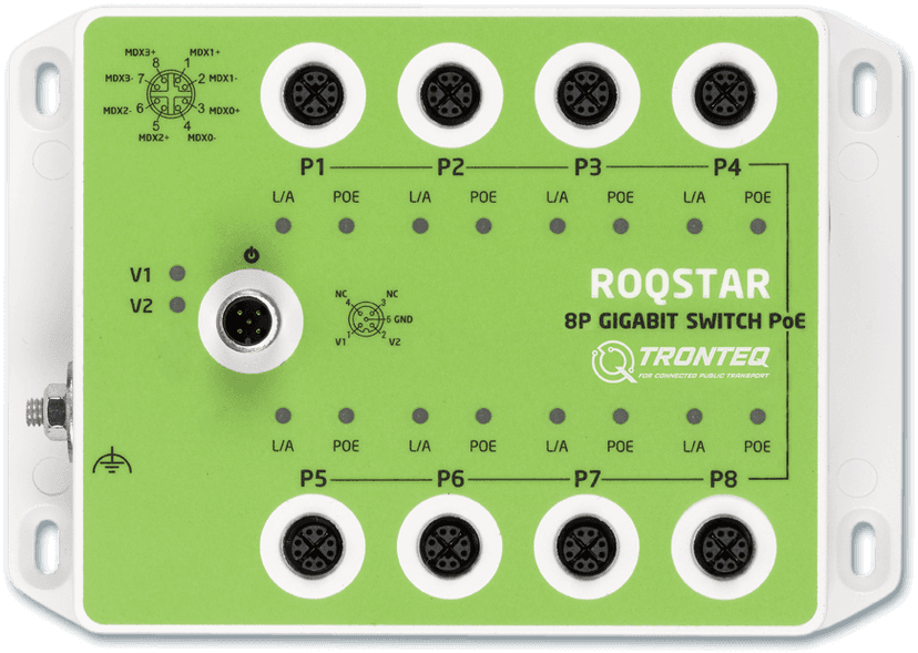 ROQSTAR 8-Port M12 Unmanaged Gigabit PoE Switch 006-130-110