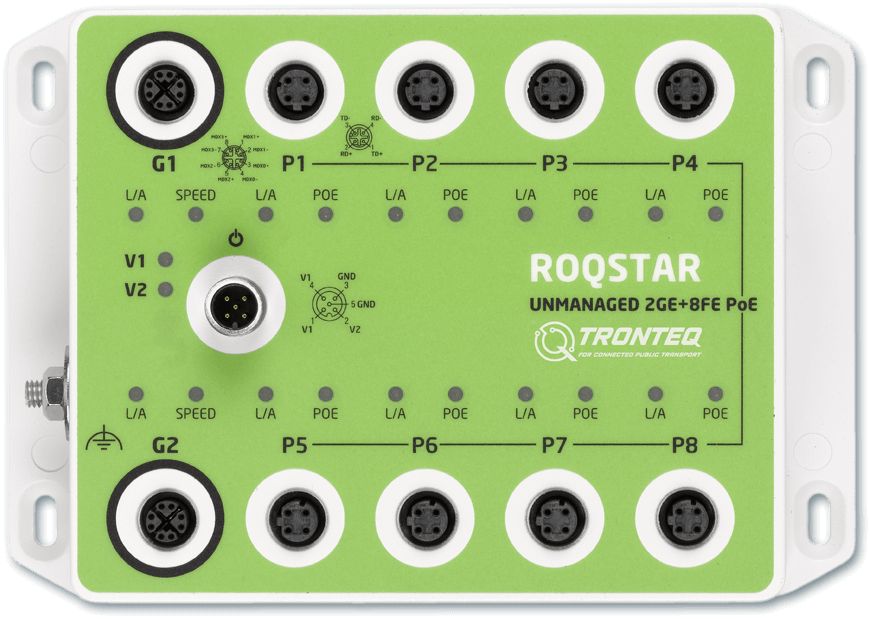 ROQSTAR 2GE + 8FE M12 Unmanaged Gigabit PoE Switch